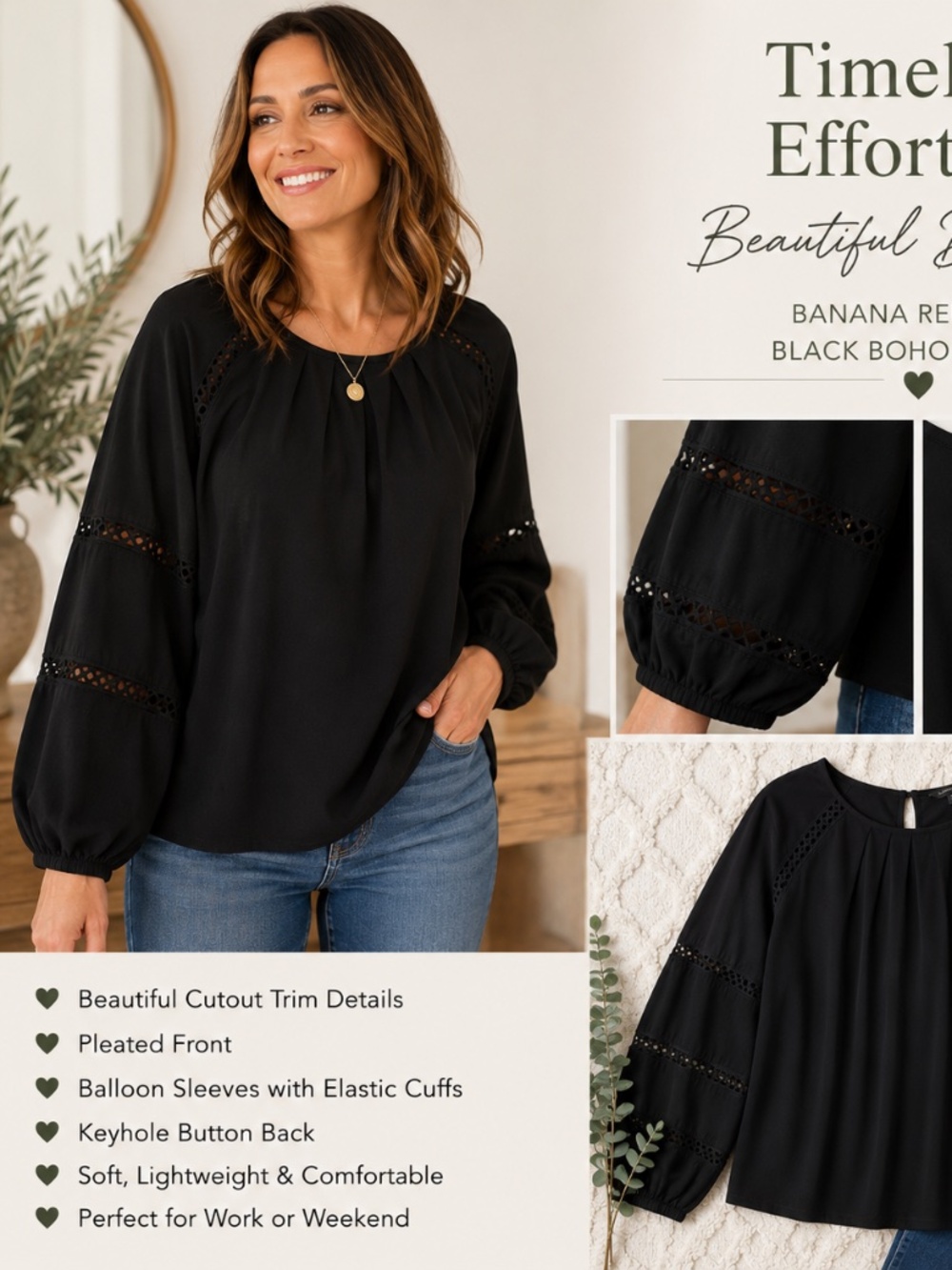 Banana Republic Black Eyelet Sleeve Blouse | XL | Excellent Used Condition